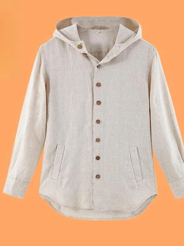 

Casual Linen Men's irt Spring Summer New Sle Artistic Vintage Hooded Top Versatile Long Sve Thin Body Fit Pure Color
