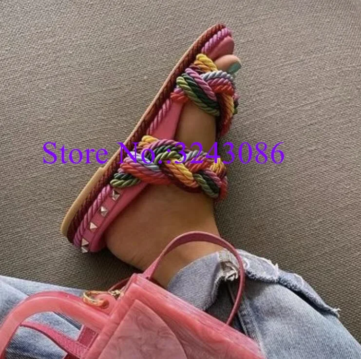 

New Euro Style Colorful Ropes Lady Sandals Fashion Rivets Woman Platform Slippers Sexy Female Casual Shoes Dropship