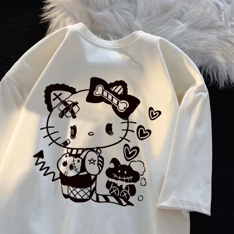 Summer Japanese Sanrio Cartoon Print Hello Kitty White Graphic T Shirts Short-sleeve Women Clothing Y2k Top Aesthetic Clothes