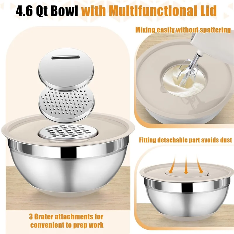

【OFF-SHELF】With 3 Grater Attachments 6 Piece Stainless Steel Mixing Nesting Bowls Stainless Steel Mixing Bowls