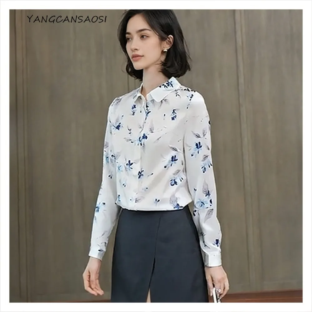 

2026 Women's Fashion New Style Heavy 92% Natural Mulberry Silk Elastic Satin Turn-down Collar Long Sleeve Commuter Print Shirt