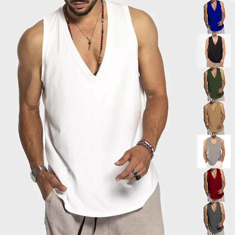 

Brand Gym Tank Vest Deep v-neck Men Fashion Sleeveless Tops Training Workout Sports Comfort Casual Tank Top