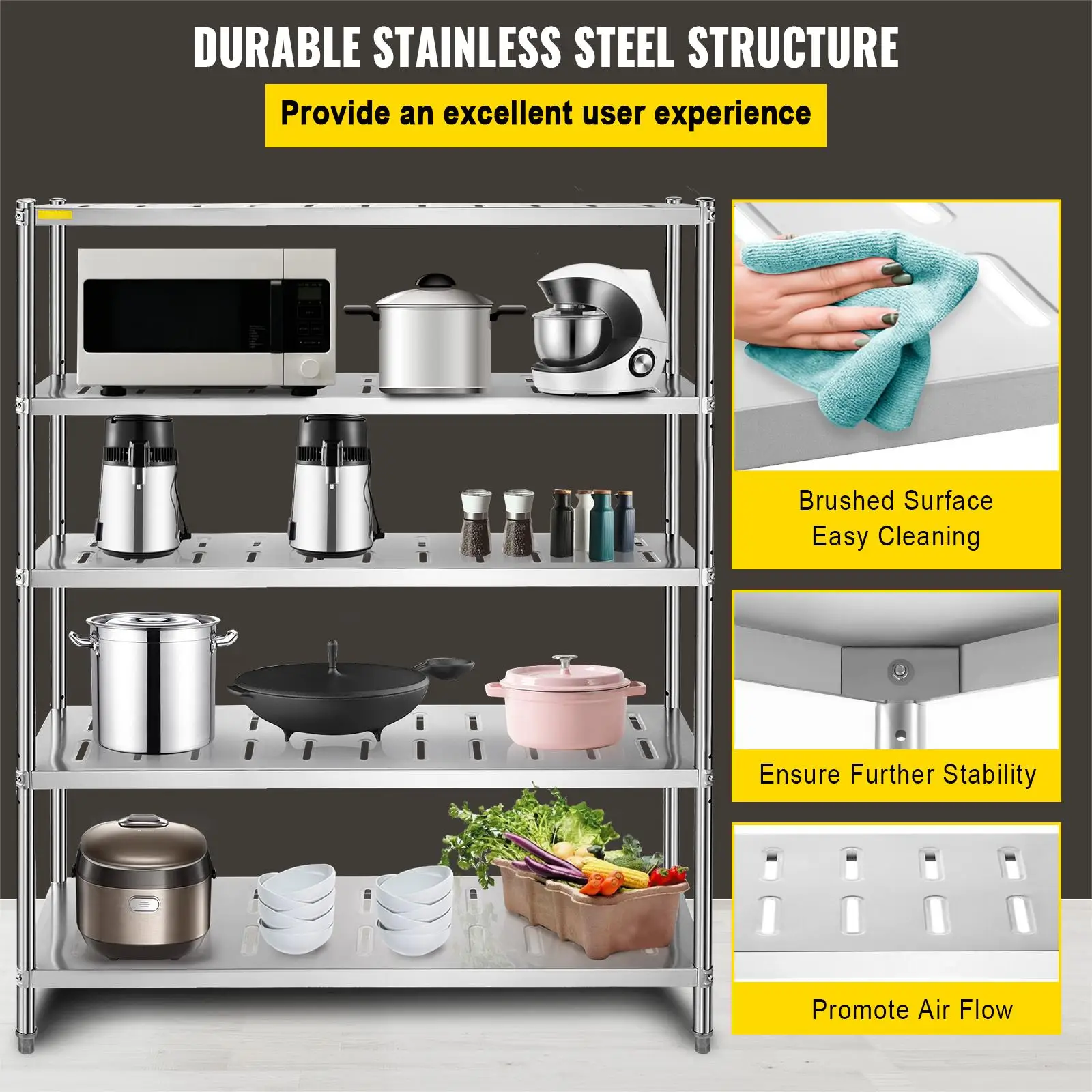 VEVOR 5-Tier Storage Shelf, Stainless Steel Garage Shelf, 59.1 x 17.7 x 70.9 inch Heavy Duty Storage Shelving, with Vent Holes