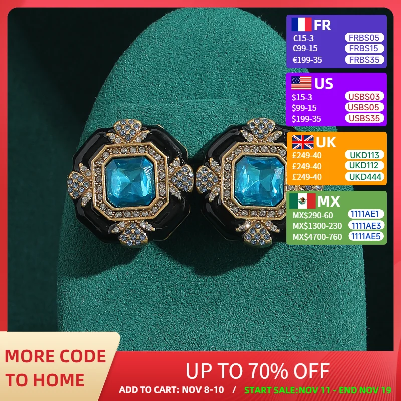

Vintage Square Stud Earrings with Sea Blue Crystal Black Enamel Natural Stone Antique Jewelry for Woman Girl Gift Accessories