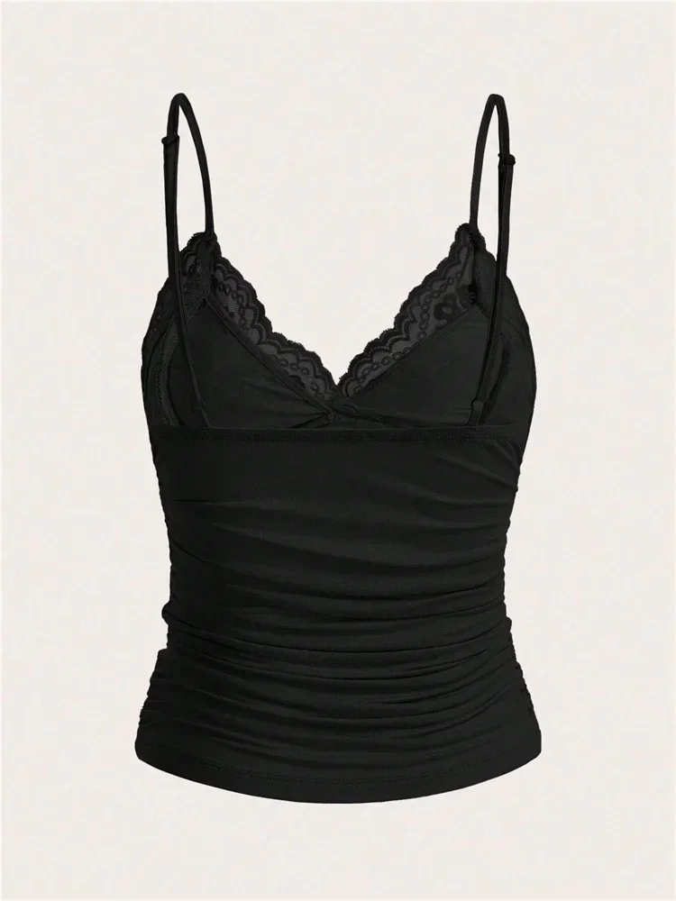 مثير التباين مقوس دانتيل الجبهة المحاصيل كامي الأعلى المرأة 2025 الصيف الجرونج الشرير Y2K الملابس Ruched نحيل عارية الذراعين تي شيرت #6