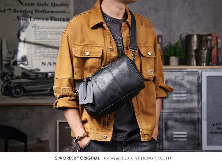 Outdoor-Reisen hochwertige echtes Leder Herren schwarze Zylinder Umhängetasche lässig Designer handgefertigte Rindsleder Umhängetasche – Detail 4