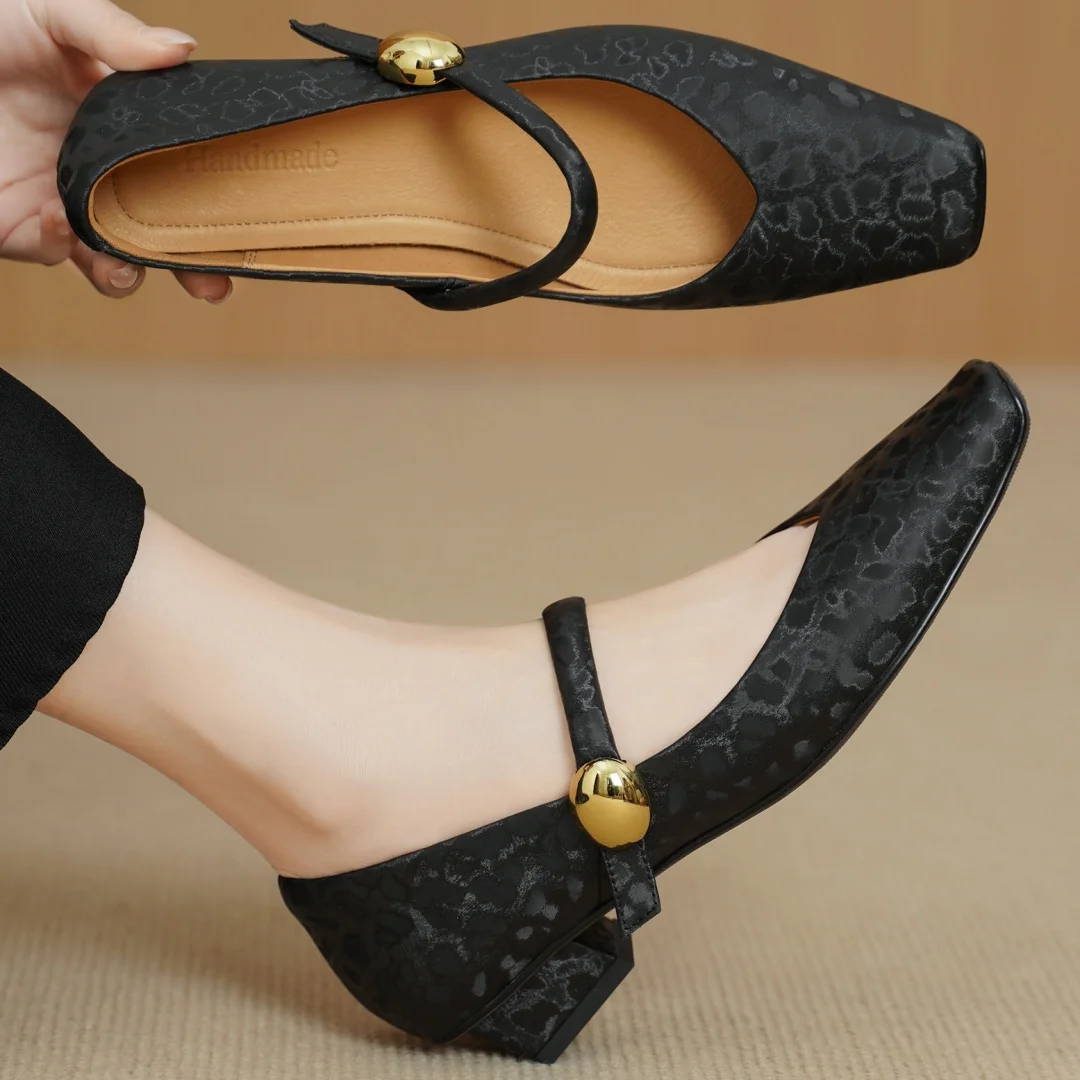 

Women's genuine leather square toe narrow band metal buckle slip-on Mary Jane flats 3cm thick low heel elegant ladies slim shoes
