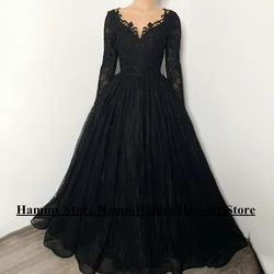 Gorgeous Gothic Wedding Dress Customized V Neck Long Sleeves Applique Sweep Train Back Zipper Black Bridal Gown Robe Mariee