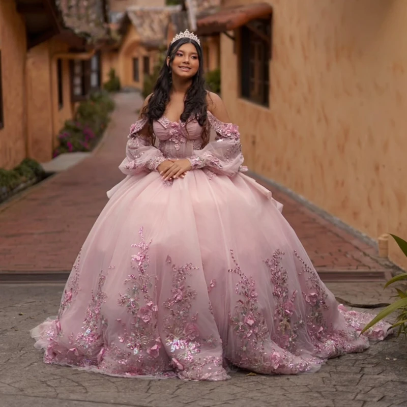 

Pink Shiny Ball Gown Quinceanera Dresses Applique Lace Beading Crystal Bow Puff Sleeve Tull Corset Off Shoulder Sweet 16 Dress