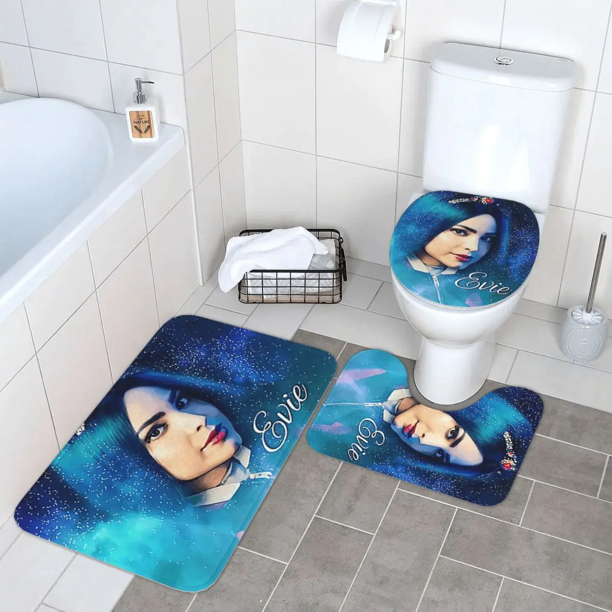 

Evie Blue Princess - Descendants 3, 3-х предметный коврик для ванной, набор для ванной комнаты, крышка для унитаза, домашний декор, нескользящий ковер, напольный коврик