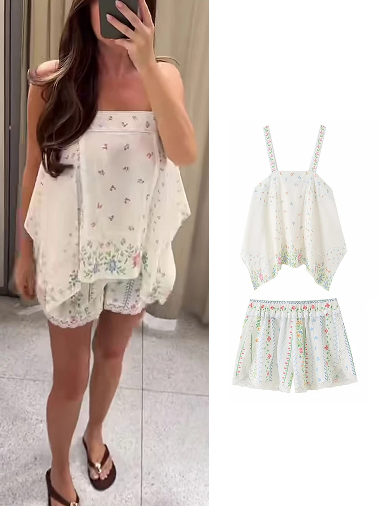 TFMLN New Women's Sexy Print Shorts Set Summer Beach Loose Fit Print Backless Sling Irregular Top Mini Shorts Two-Piece Set
