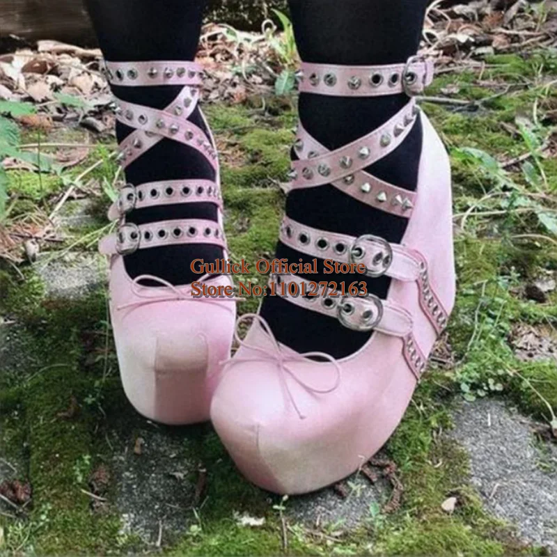

Pink Satin Wedge Heel Butterfly-Knot Pumps Narrow Band Rivets Buckle Strap Dress Shoes Round Toe Platform Buckle Evening Shoes