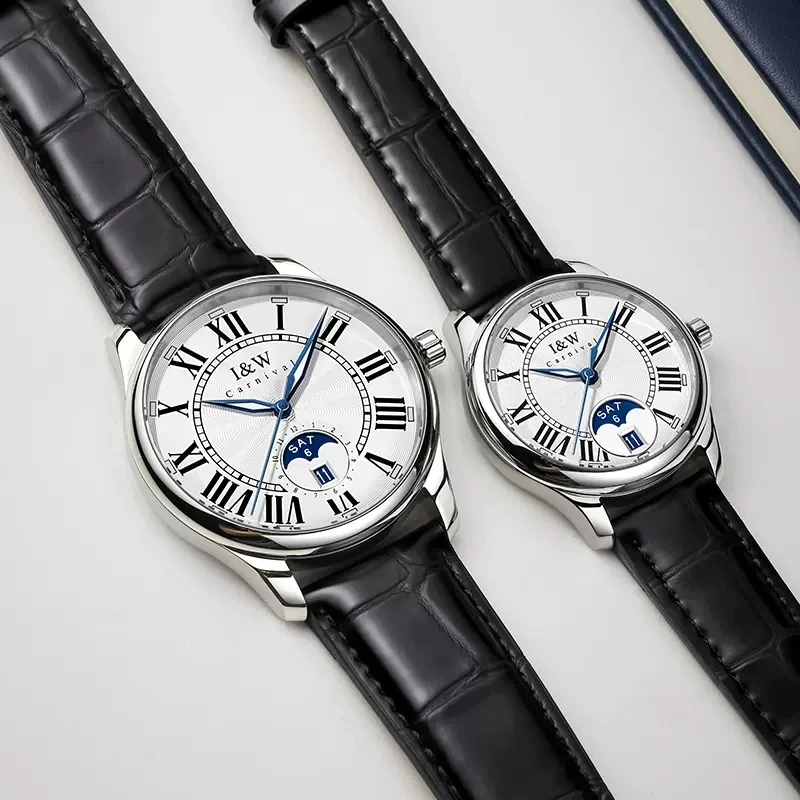 Carnaval Merk Iw High-End Serie Mode Maan Fasen Paar Horloge Voor Mannen En Vrouwen Luxe Saffier Miyota Mechanische Horloges