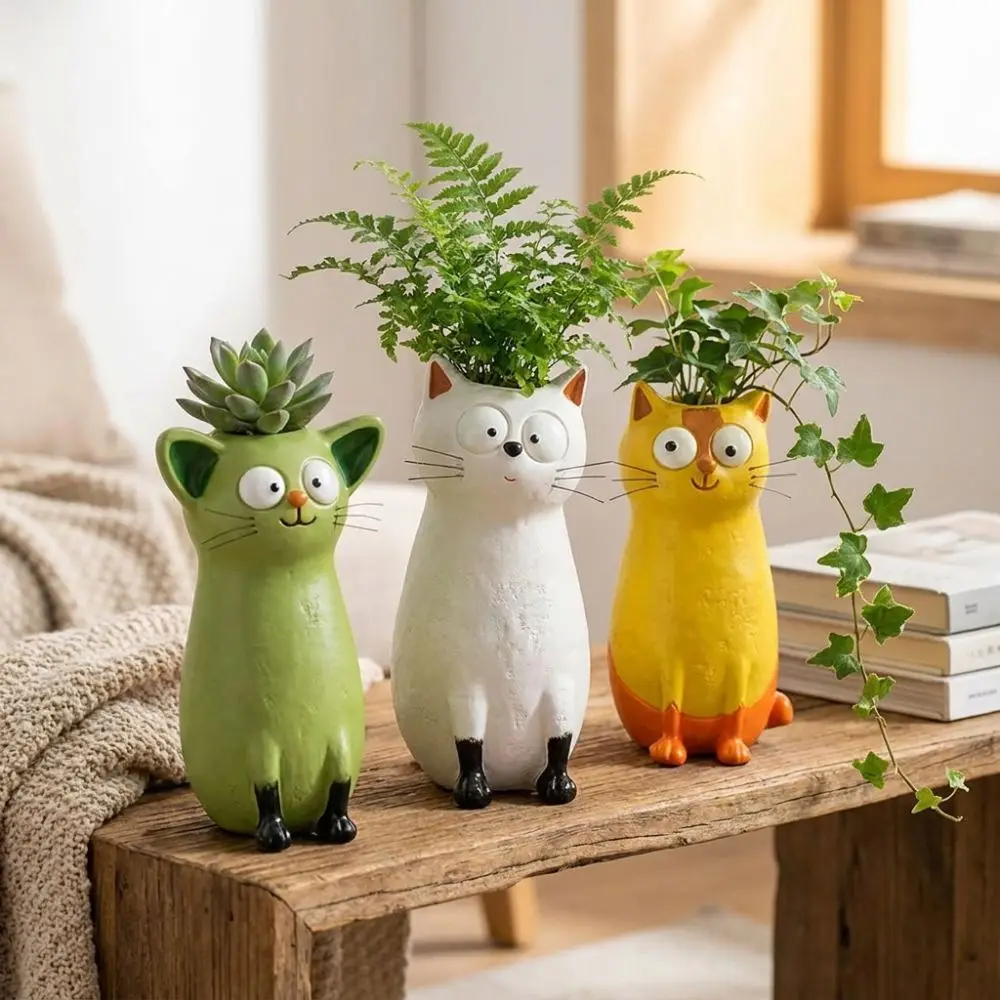 Unique Whimsical Cat Vases Aesthetic Resin Cat Shaped Flower Vase Handmade Animal Sculpture Cat Bud Vase Living Room