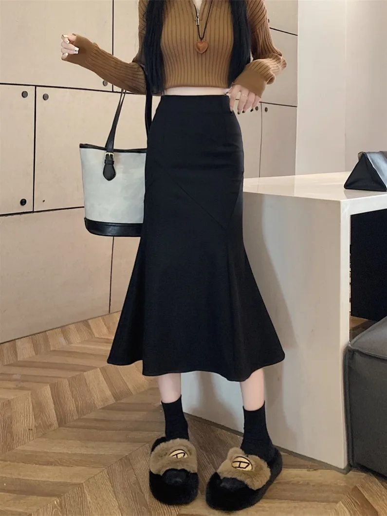 카라멜 울 스커트 여성용 가을 겨울 신상 하이웨이스트 A라인 미디 기장 바디콘 피테일 스커트 여성 패션