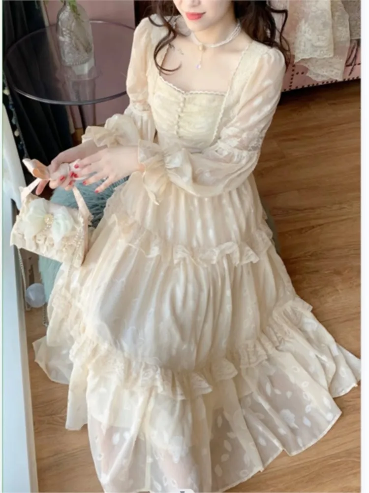 Damska Jesienna Elegancka Sukienka Midi z Koronkowymi Wstawkami, Długi Rękaw, Vintage, na Imprezę, Bal, Vestidos, Odzież Damska, Ubrania na Urodziny