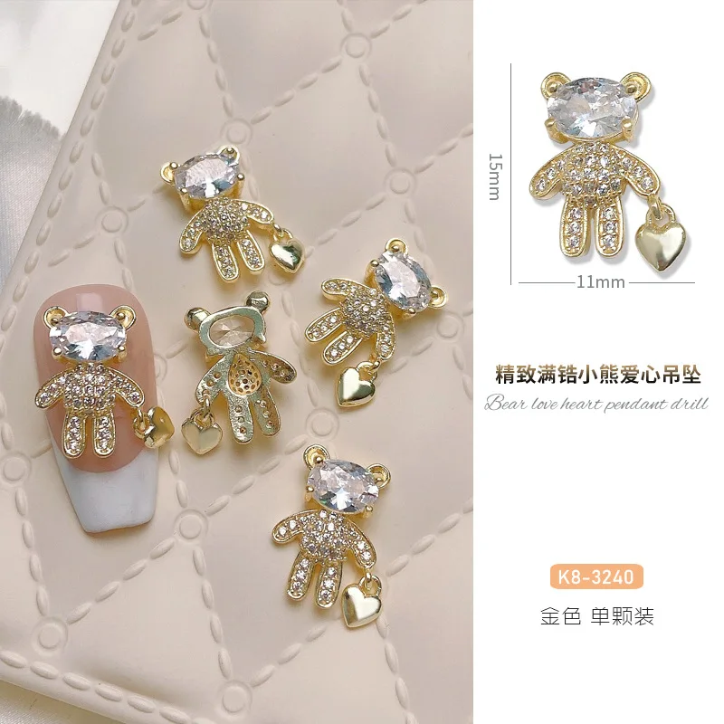 5pcs New Enhancement Bear Zircon Heart Jewelry Light Luxury Color Preserving Micro Inlaid Zircon Nail Metal Diamond Accessori