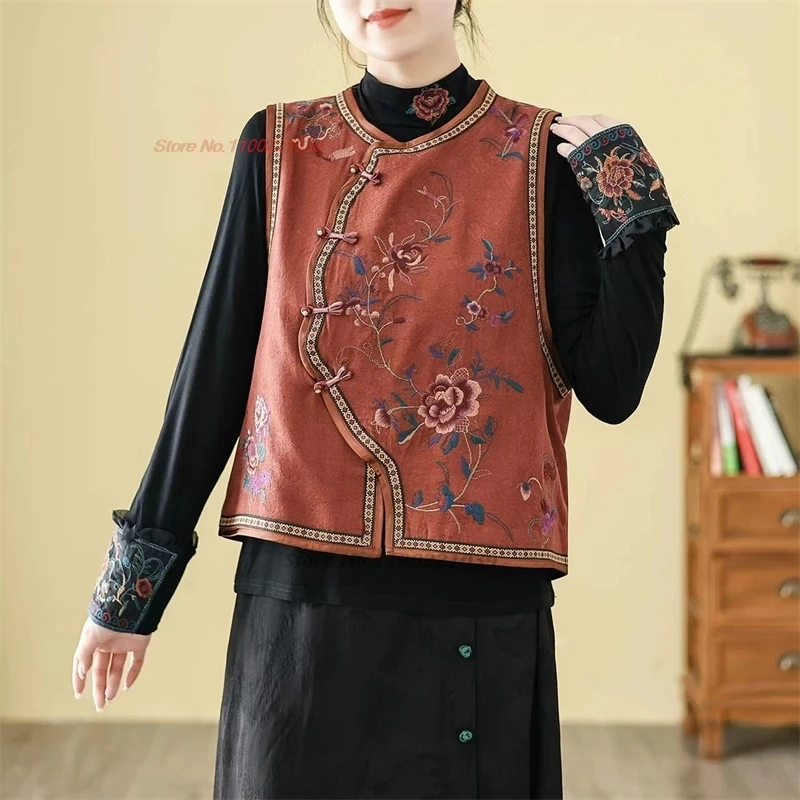 

2024 китайский винтажный жилет, атласный жаккардовый жилет с круглым вырезом, этнический жилет с этнической вышивкой и цветочной вышивкой, Восточная куртка без рукавов, жилет