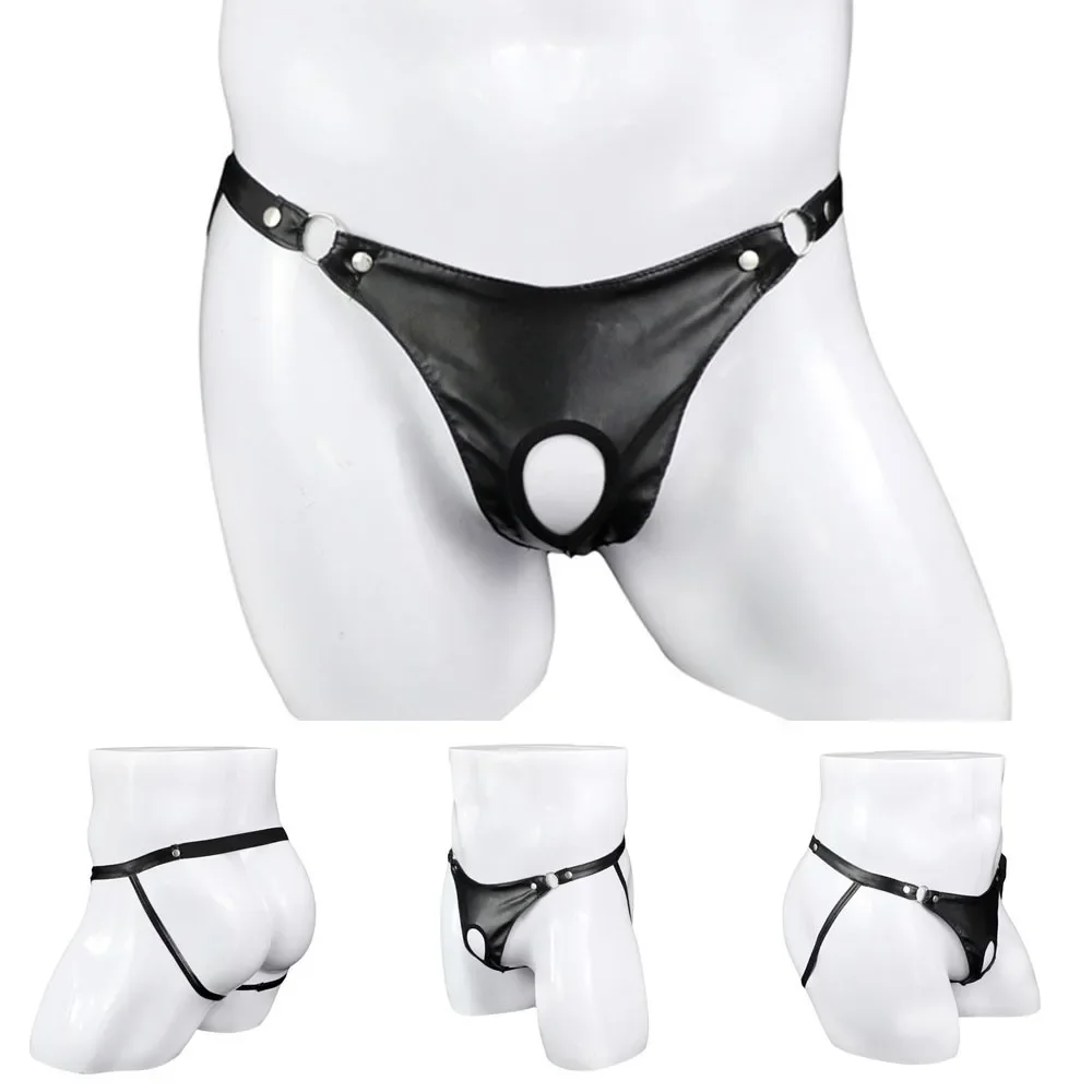 

Men's Underwear Artificial Leather Metal Ring Thong Open Crotch Jock Strap Trunks Intimate Hot Novelty Underpants Sexy Panties