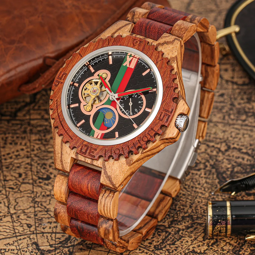 Full Wooden Men\'s Automatic Mechanical Watches Luxury Stylish Wood Bracelet Male Wristwatches Self Winding Timepiece Man Clock