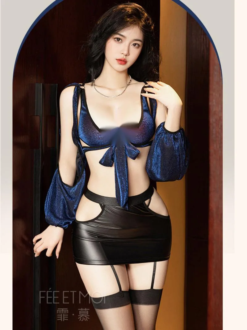Camisas largas azules brillantes para club nocturno, falda ajustada a la cadera para chica, conjunto de falda de dos piezas, minifaldas ajustadas sexis de puro deseo T7AY
