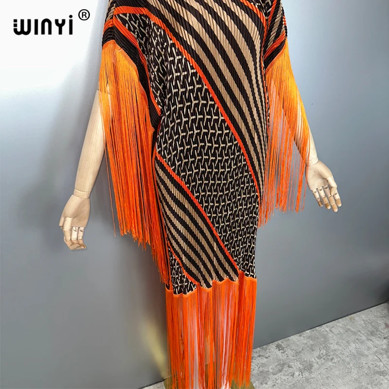 WINYI Summer Pleated Fringed maxi dress Women crumple kaftan Loose boho robe holiday Elegant evening dress abaya dubai luxury