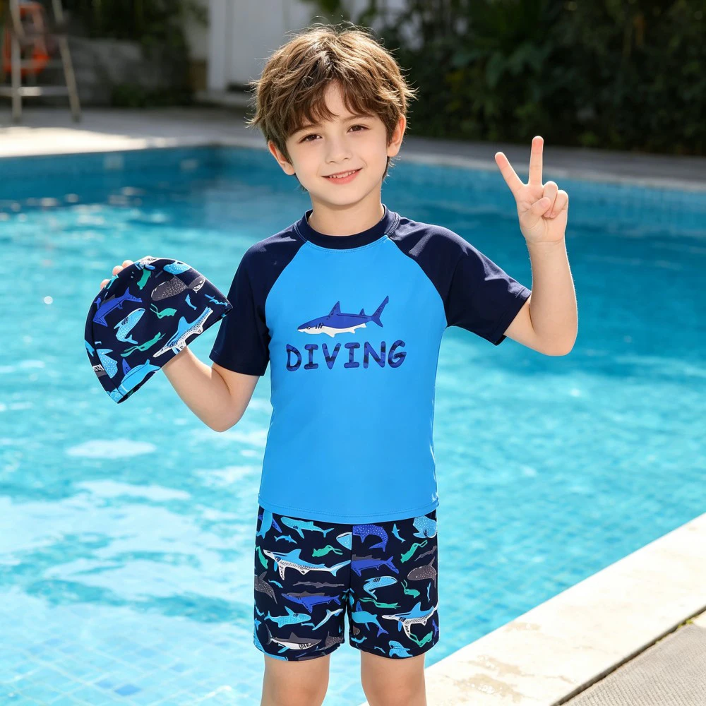 

Boys Cute Surf Swimsuit 3Pcs Kids Rash Guard Set with Cap Short Sleeve Shirt + Shorts +Cap Toddler Summer Girls Beach Swimwear