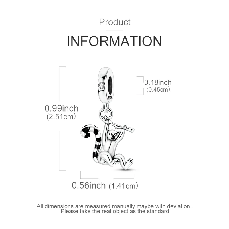 Ring-Tailed-Lemur-Anhänger Perle 925 Sterling Silber CZ Zirkon Hängeanhänger Passend für Original-Armband DIY Schmuck Geschenk – Detail 9