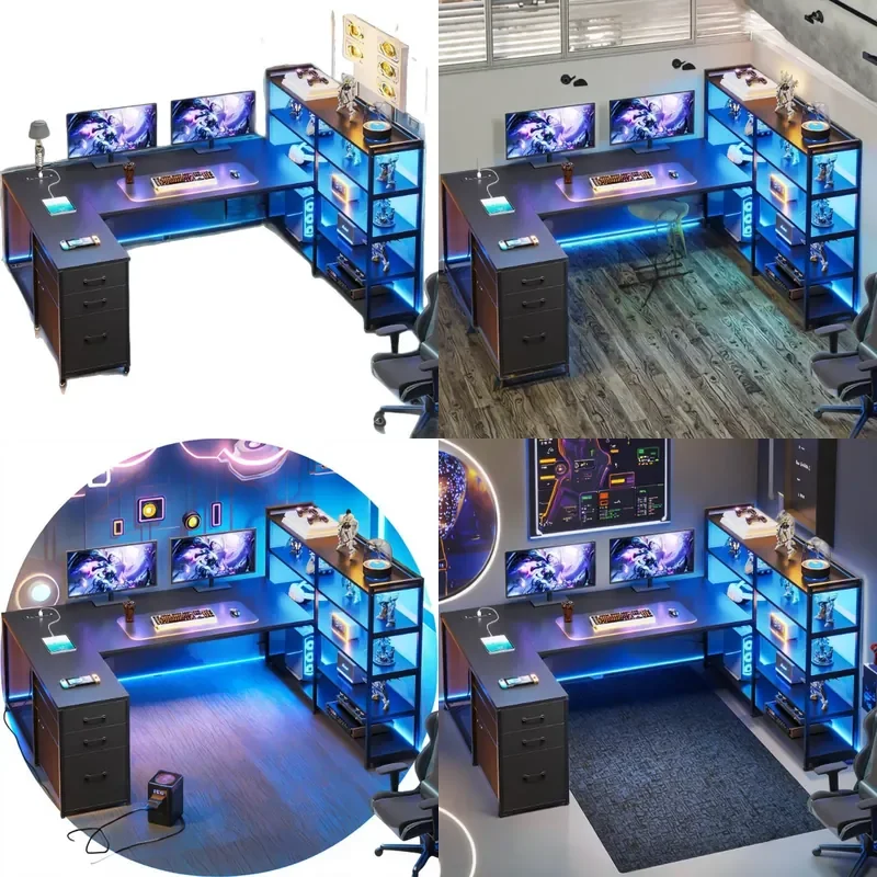 L Shaped Gaming Desk Double Sided U Shape Computer Table Multifunctional Home Office Workstation for Living Room