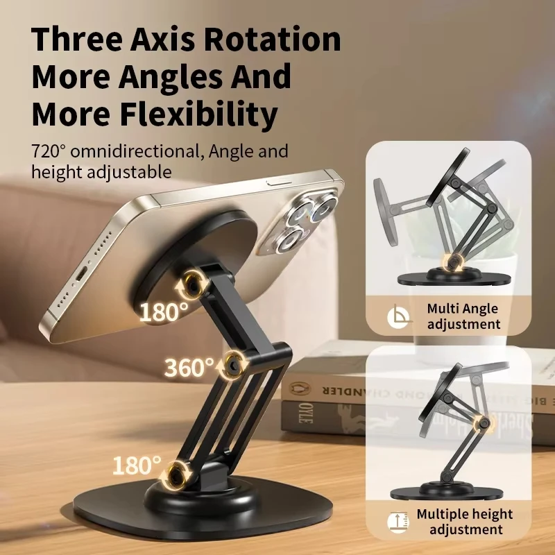 

360 Rotating Foldable Aluminum Alloy Magnetic Phone Holder Desktop Cellphone Stand for Magsafe IPhone Samsung Xiaomi Support
