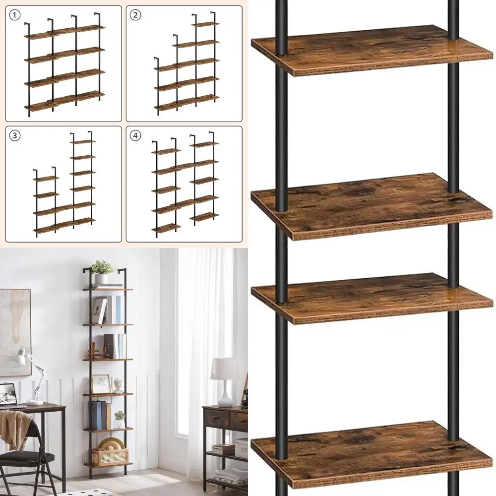 

6-Tier Wooden Wall Shelf - Rustic Brown and Black, Perfect for Books, Plants, and Display in Living Room, Bedroom, Study, Balcon