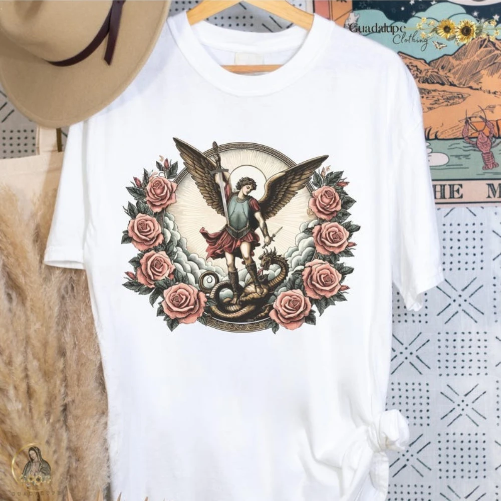 St. Michael Archangel Gothic Tee Vintage Boho Catholic Shirt Men Women Unisex Daily Life Cotton Tshirt Christian Faith Clothing