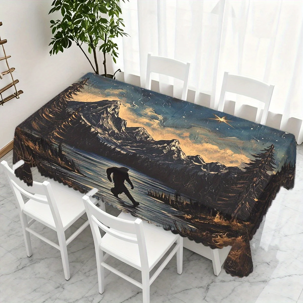 Bigfoot Mountain Lake Starry Night Waterproof Tablecloth, Rectangular Cover for Home Dining Wilderness Themed Party Decor
