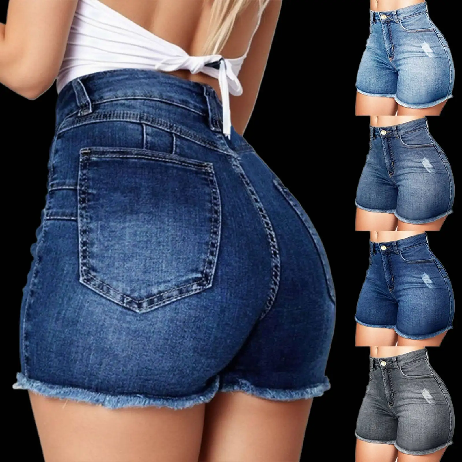 

Vinatge Denim Shorts Sexy Women Ripped High Waist Short Jeans with Pockets Fringed Stretchy Summer Retro Jean Shorts Streetwear