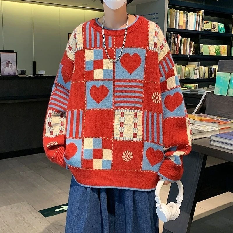 

Пуловер для мужчин с сердечком, повседневная корейская популярная одежда, трикотаж, отзывы, высокое качество, топ с длинными рукавами Y2k, красные вязаные свитера для мужчин