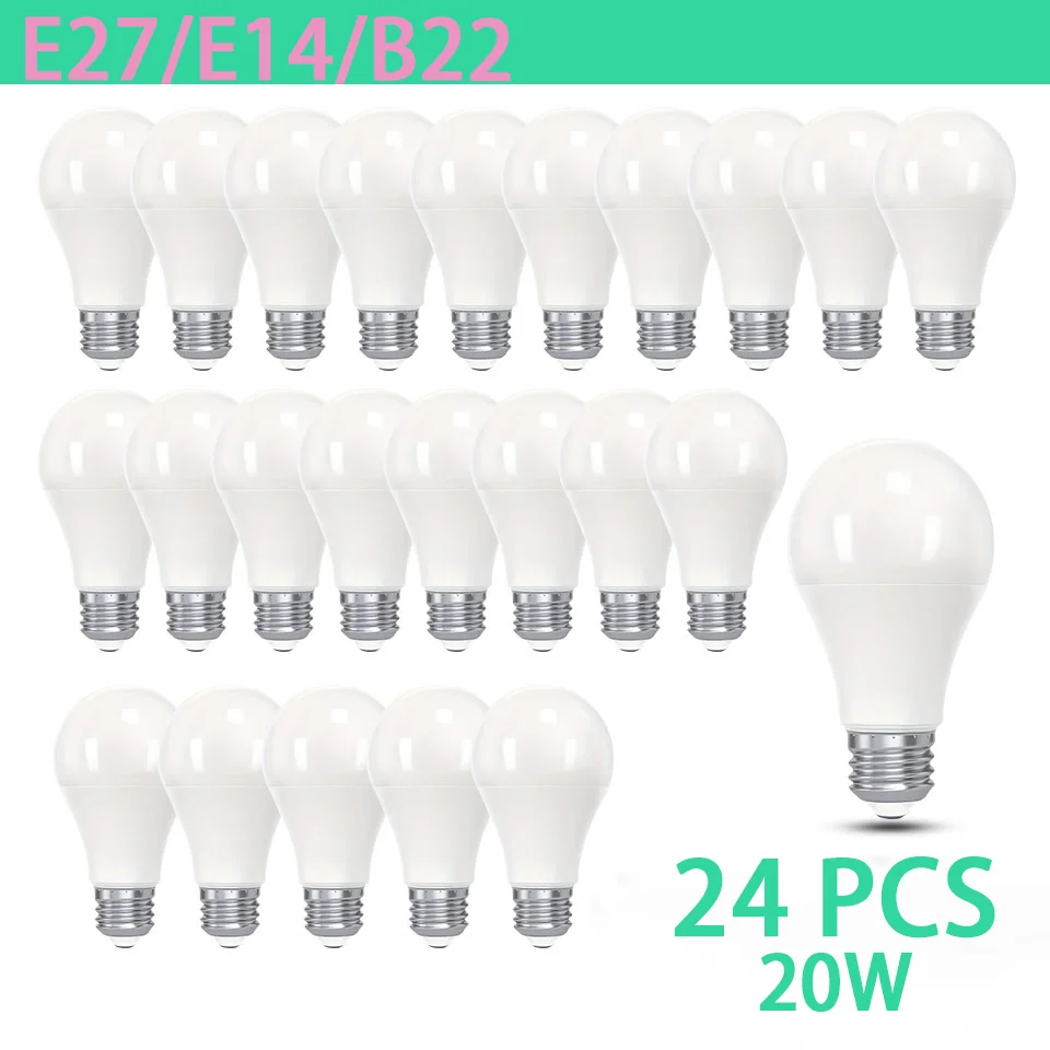 24 PCS A Series LED Bulb 20W AC110/220V E27/E26/E14/E12/B22 Base 3 Color No Strobe Lampada Bombilla For Kitchen Living Room Bed