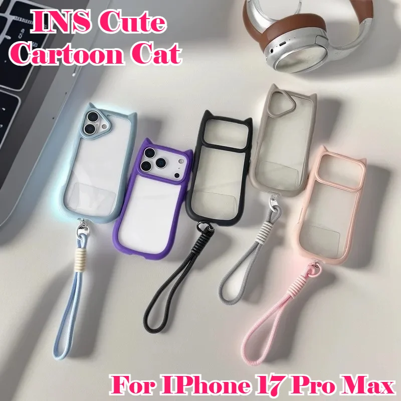 Coque de téléphone transparente INS avec oreilles de chat de dessin animé pour iPhone 17 Air 16 E 15 14 13 12 Mini Pro Max en acrylique avec cordon, protection antichoc en TPU