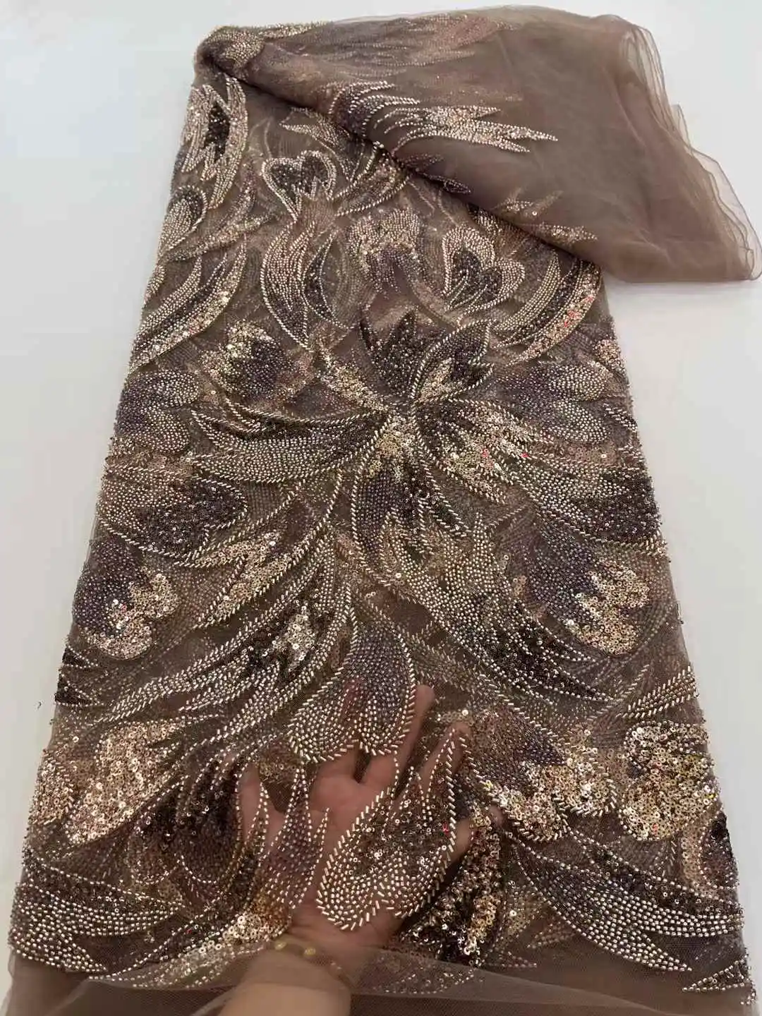 

2025 African French Nigerian High End Tulle Lace Fabric With Beads Sequins Mesh for Embroidery Wedding Party Bride Sewing Dress
