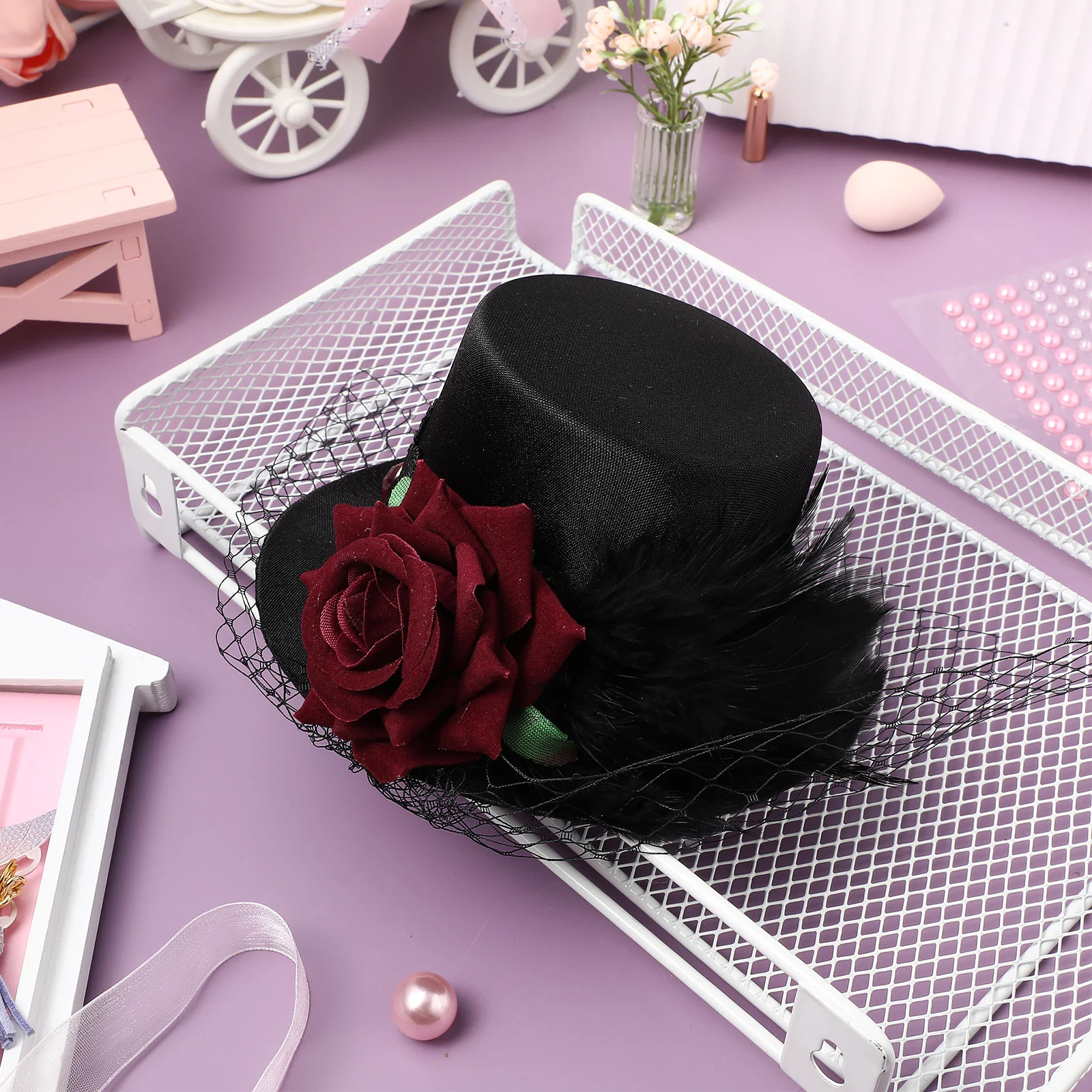 Black Mini Top Hat Fascinator Hairpins Gauze Lace Headbands for Women Halloween Costumes