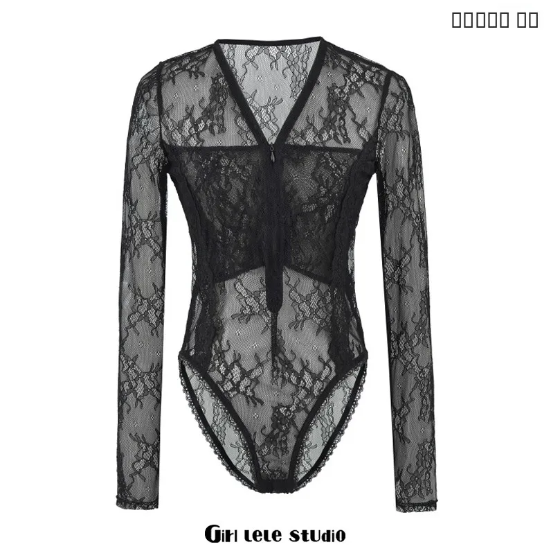 

Комплект для похудения: кружевной длинный топ и сексуальные брюки с высокой талией, V-образным вырезом и молнией, в американском трендовом стиле, от LeLe Studio Streetwear