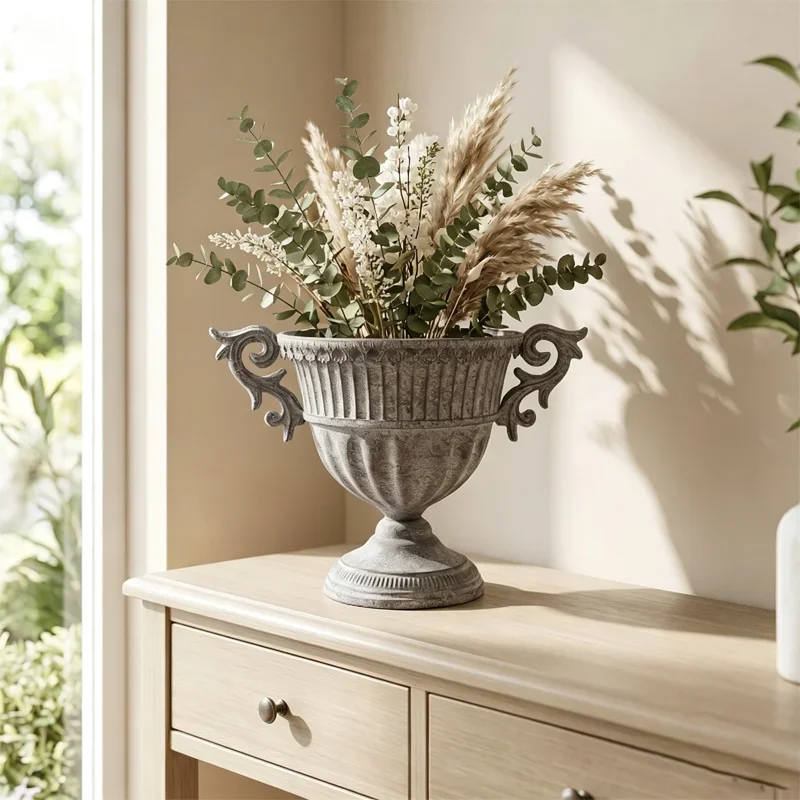 Rustic Gray Iron Flower Vase With Handles Vintage Goblet-Shaped Planter Decor Flower Pot for Home Garden Patio Table Centerpiece