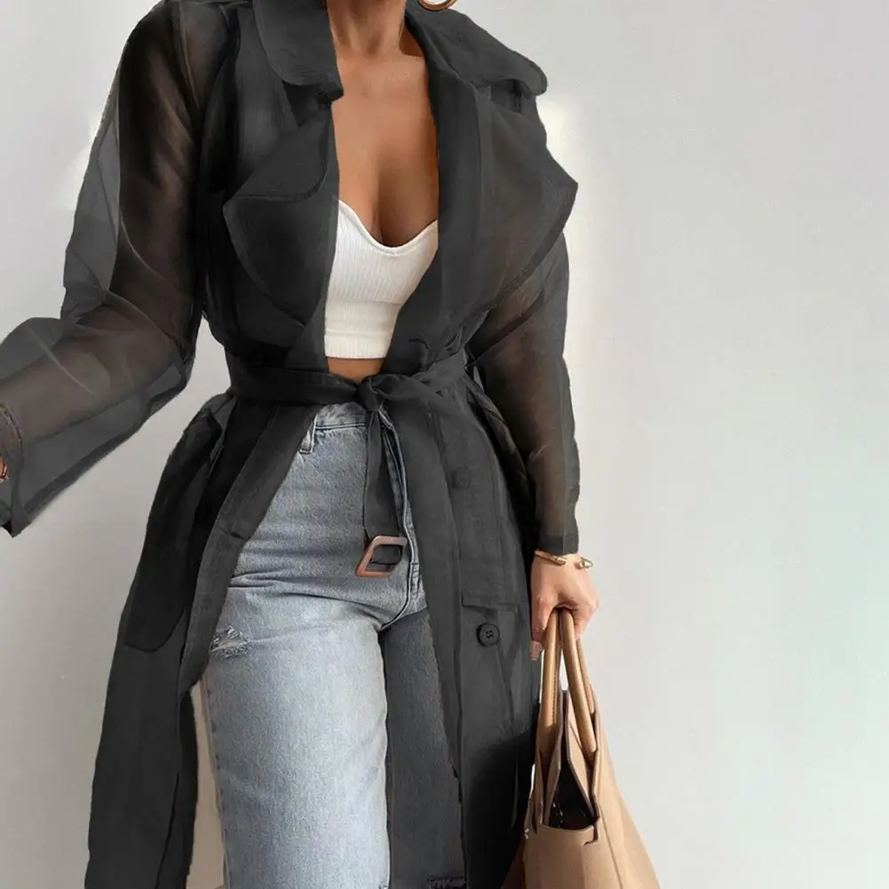 Fashion Women Mesh Jacket Puff Sleeve Sunscreen Shirt Lace Up Summer Thin Coat