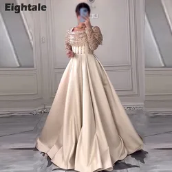 Eightale Elegant Evening Dresses Champagne Sequined Customized Long Sleeves A-Line Satin Prom Gown Wedding Party