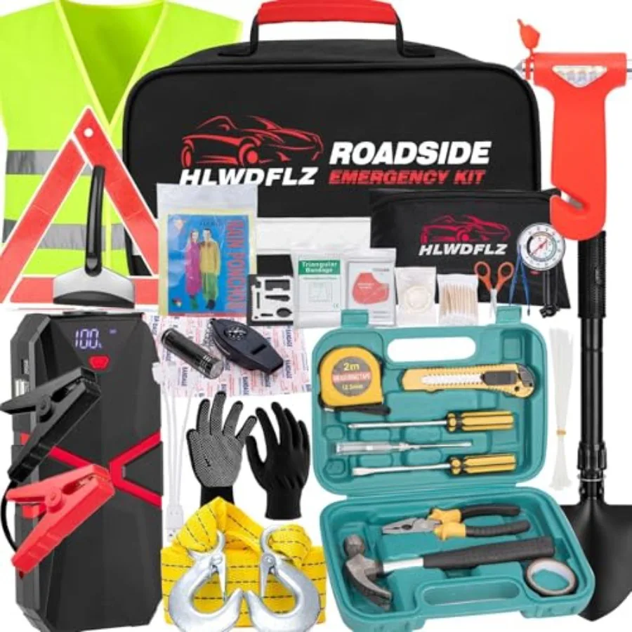 

Car Emergency Kit with 2000A Jump Starter Roadside Safety Tool Kit for Women and Men ABS Plastic Black Compact All-in-One