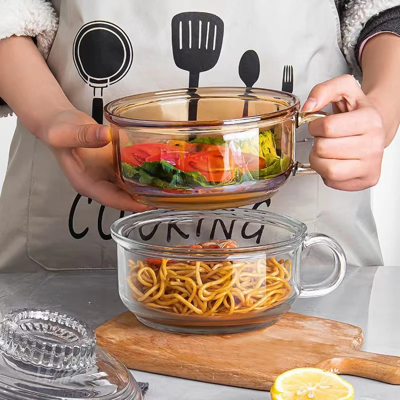 

Large Size Heat Resistant Glass Bowl with Lid for Students Dining Soup Bowl Noodle Bowl Handle Anti Scalding Single Dormi