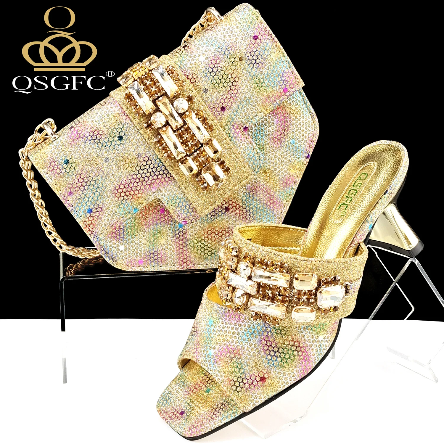 QSGFC Italian Shoes and Bags Matching Set 2024 Women Heel Party for Gold Colour Italian Design Wedding Bigger size shoes