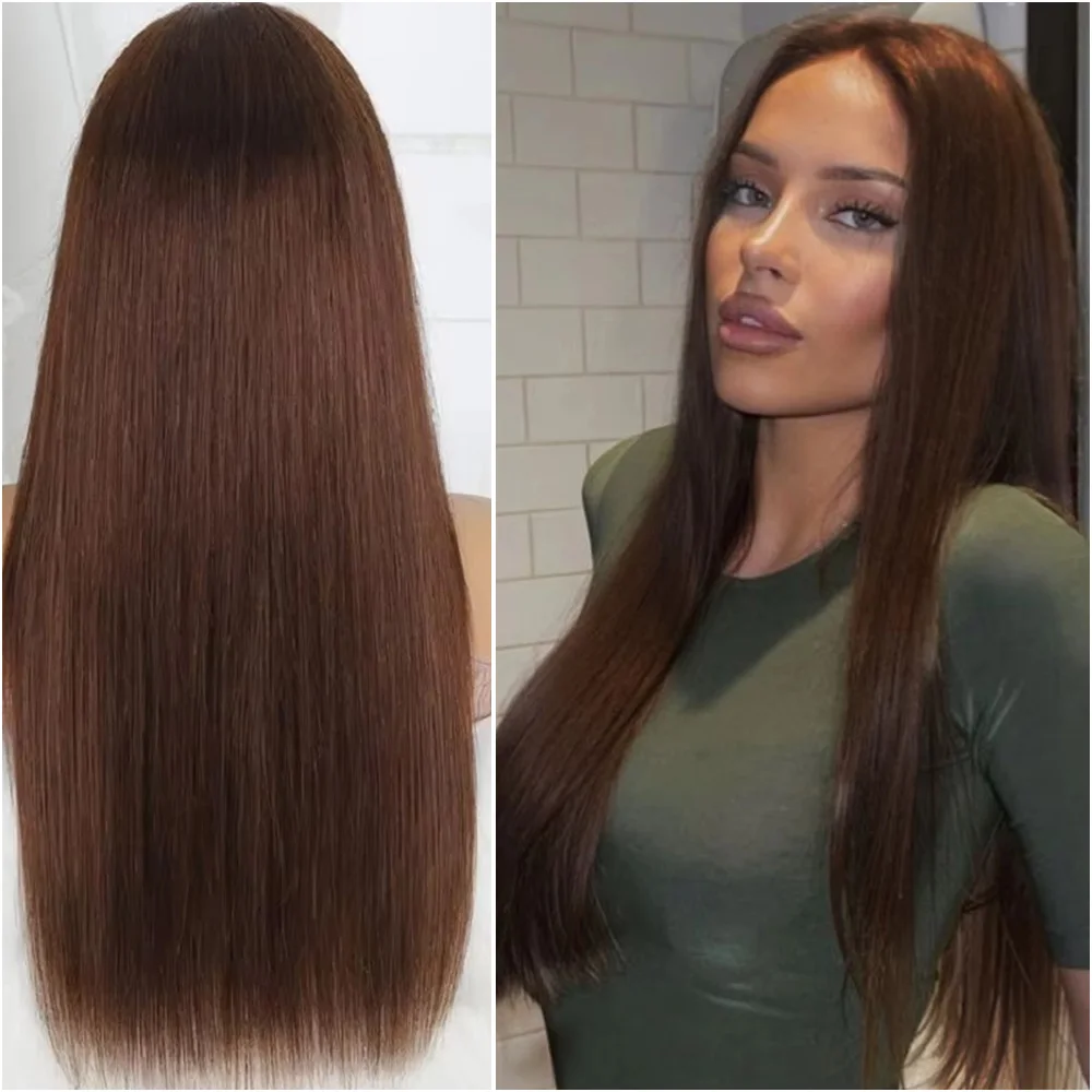 วิกผมตรงสีน้ำตาลช็อกโกแลตแบบลูกไม้ด้านหน้า 13x4 ผมแท้ 100% วิกผมลูกไม้ด้านหน้าแบบใส HD 13x6  ถอนขนมาแล้ว ความหนาแน่น 200%