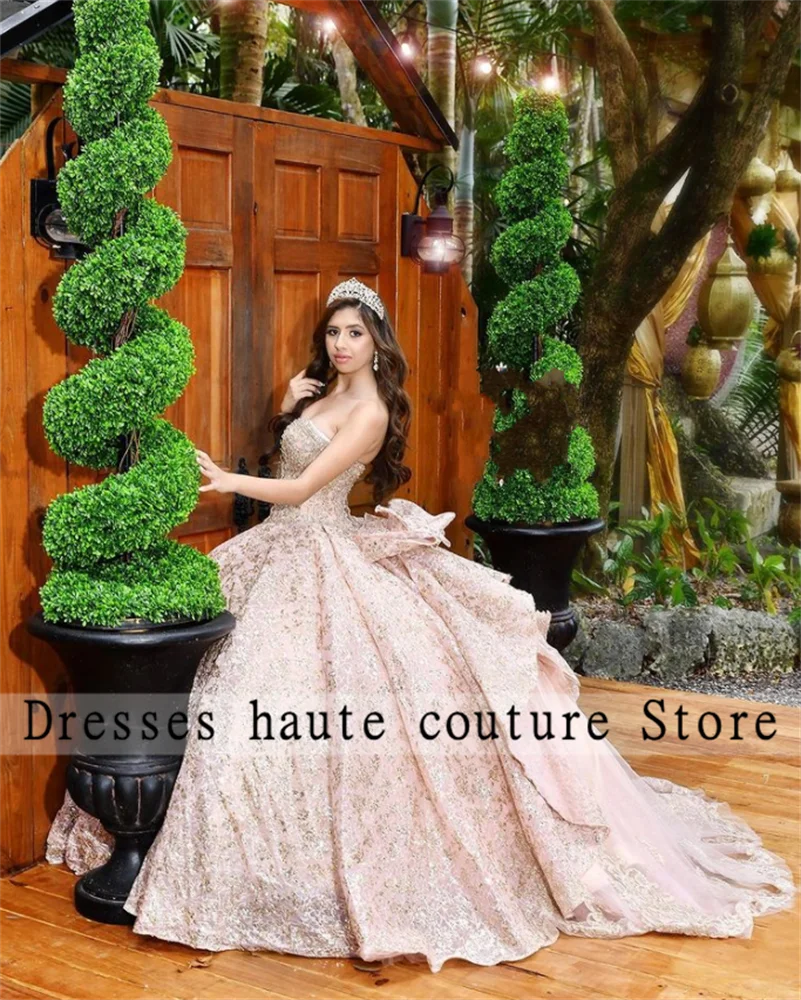 Sparkly Lace Crystal Bow Quinceanera Dresseses Ball Gown Sweetheart Corset Sweet 16 Drss Party Dresses Vestidos De 15 años