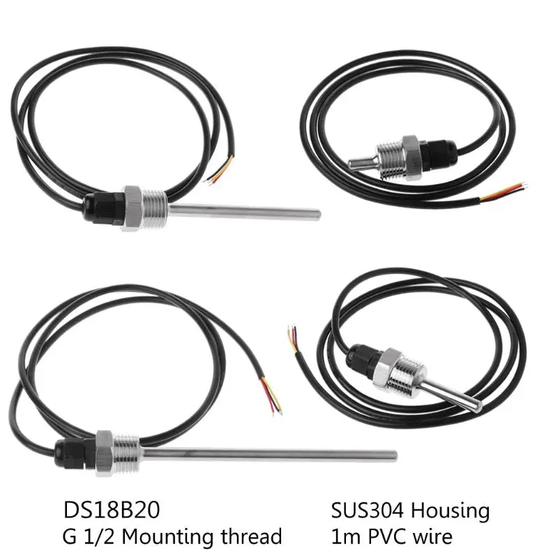 X37E DS18B20 Digital Temperature Sensor G1/2" Thread Probe DIA=7mm 3-core Wire SUS304