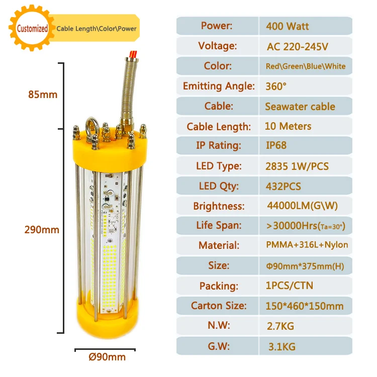 100-400W Dimmable 316L LED Fishing Light Green And Blue Seabed Fish Lamp For Nighttime IP68 Outdoor Fishing